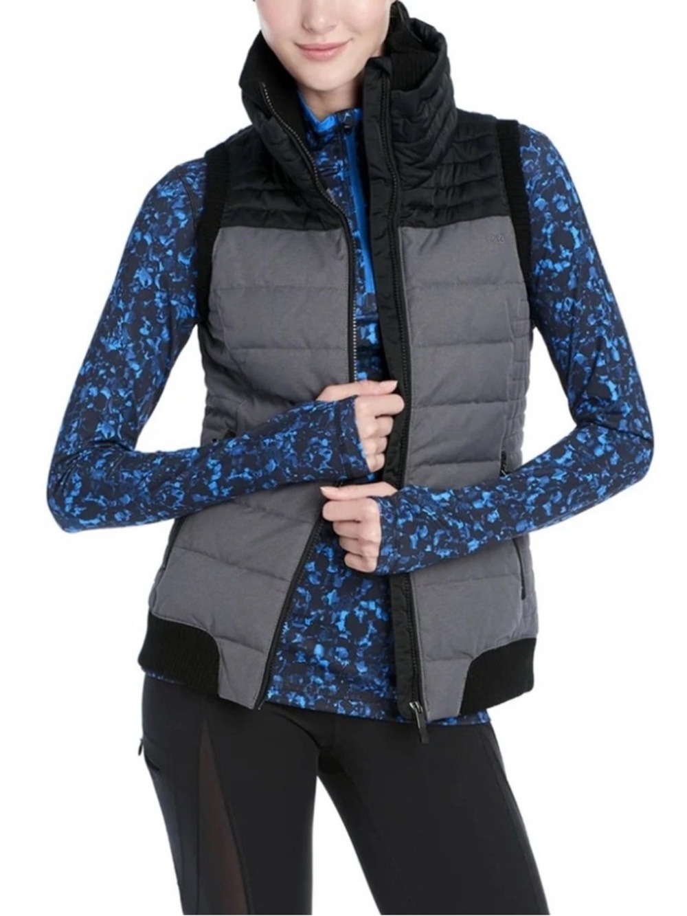 Lole Womens Medium Brooklyn Funnel‎ Neck Gray Black Duck Down Filled Puffer Vest